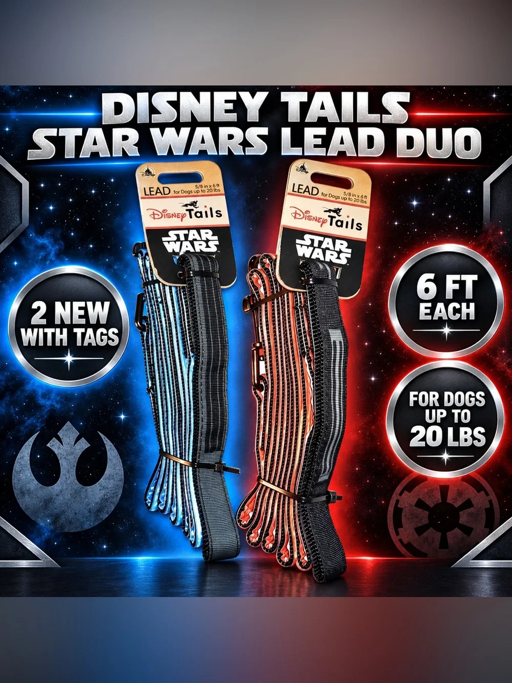 Disney Tails Star Wars Dog Leashes - Blue & Orange Striped Nylon (2 Pack)